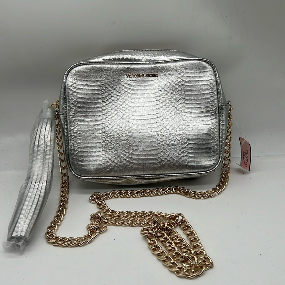 NWT Victoria’s Secret Tassel Chain Strap Crossbody Shoulder Bag Metallic Silver